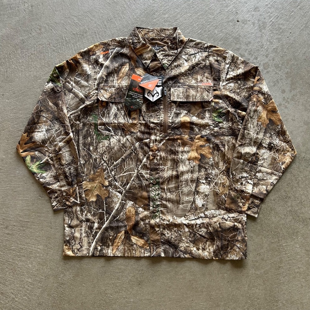 NWT Habit Hatcher Pass‎ Camo Guide Shirt Mens Large Realtree Brown Long Sleeve